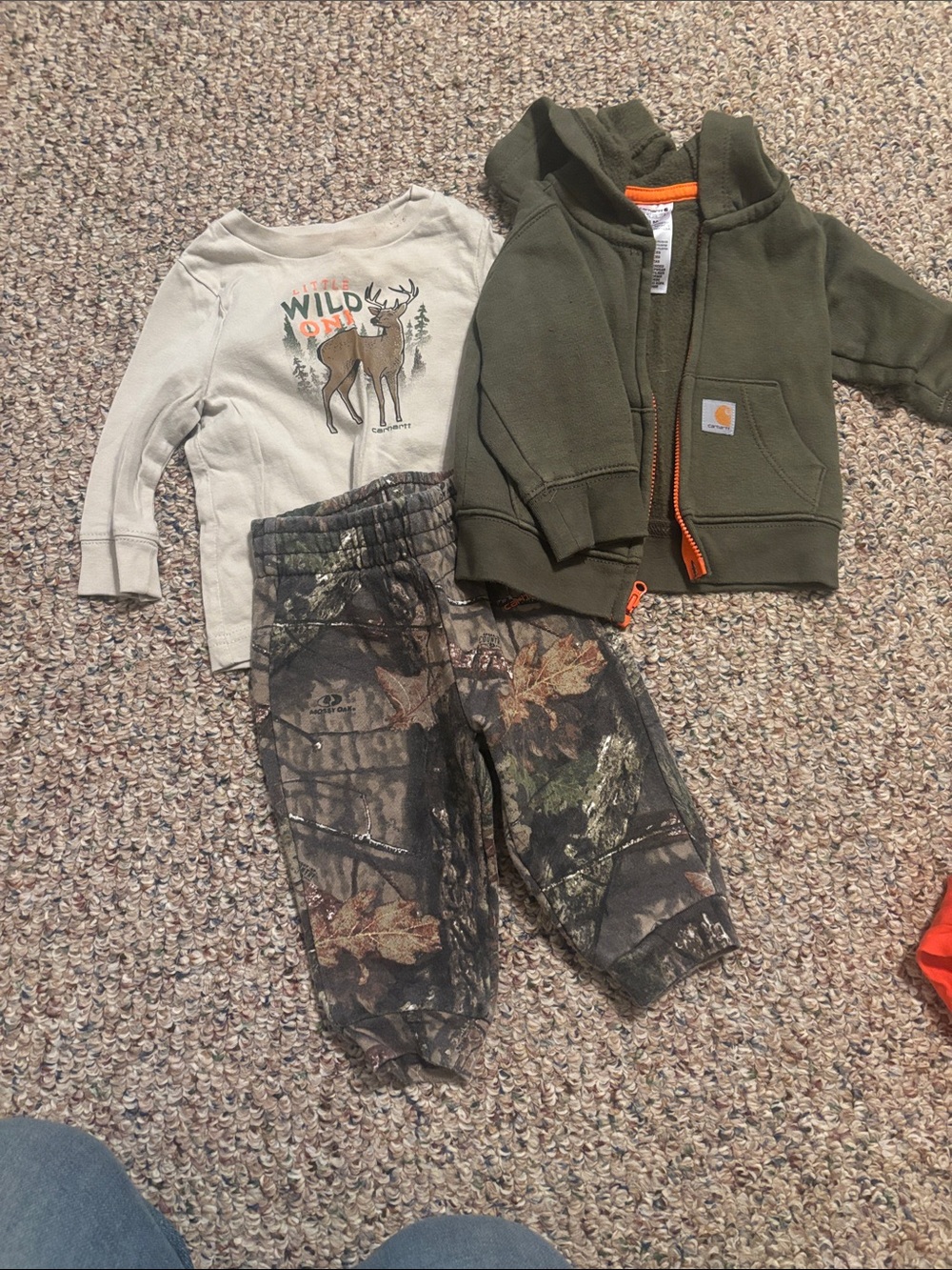Carhartt Olive Green Zip Hoodie with Camo Joggers and Tan Deer Tee